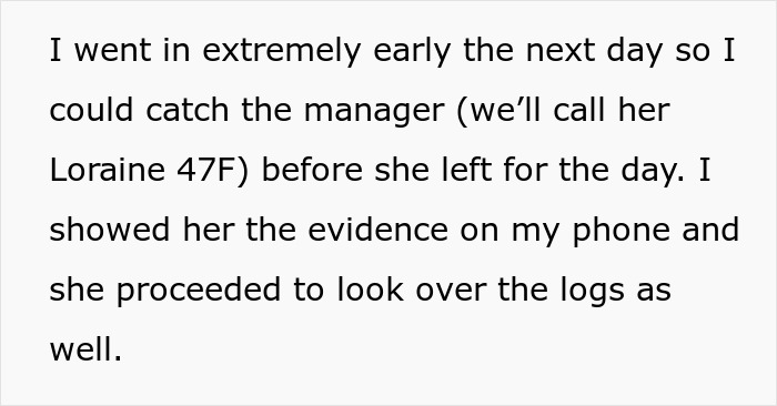 Cashier showed manager Loraine the evidence of theft on her phone, including logs of missing records. Cashier showed manager Loraine the evidence of theft on her phone, including logs of missing records.