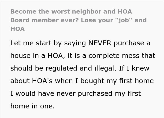 Text explaining a homeowner's regret about purchasing a home in an HOA community due to fines. Text explaining a homeowner's regret about purchasing a home in an HOA community due to fines.