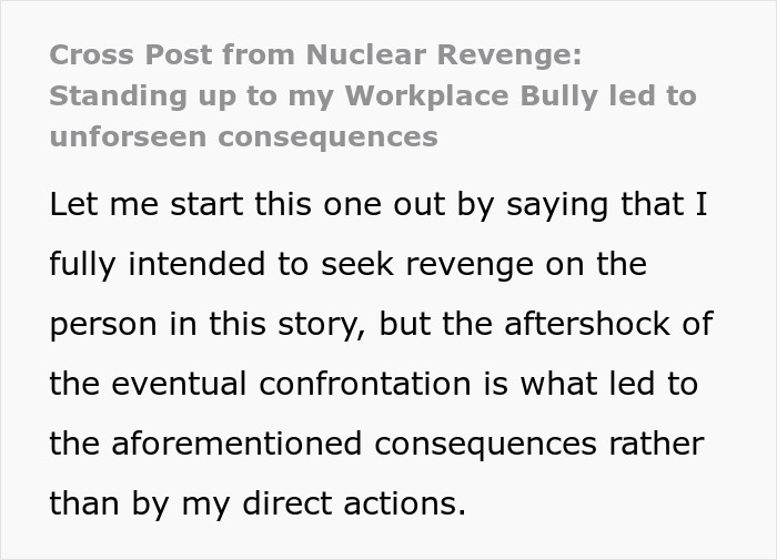 Screenshot of text discussing a workplace bully and unforeseen consequences, part of a secret recording story. Screenshot of text discussing a workplace bully and unforeseen consequences, part of a secret recording story.