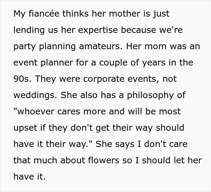 Text about a fiancée believing her mother is offering wedding expertise, despite her controlling behavior. Text about a fiancée believing her mother is offering wedding expertise, despite her controlling behavior.