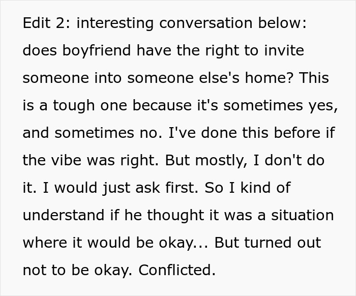 Text asking if a boyfriend has the right to invite someone to someone else's home for a party.