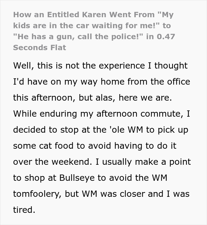 Text explaining how an entitled Karen accused a shopper of having a weapon.