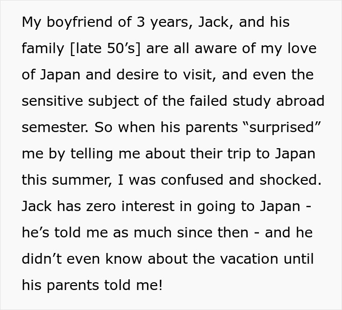 Screenshot of text discussing a woman's boyfriend's family and their cruel plan to rub her dream in her face. Screenshot of text discussing a woman's boyfriend's family and their cruel plan to rub her dream in her face.