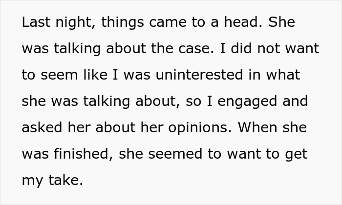 Text about a wife obsessed with a criminal trial and her husband engaging in the conversation.