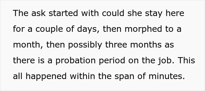 Text explaining a family expects a couple to house a niece for months, escalating from days to three months. Text explaining a family expects a couple to house a niece for months, escalating from days to three months.