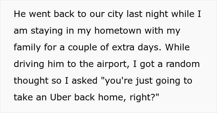 Text about a GF driving her BF to the airport, contemplating his increasing time with a female coworker.
