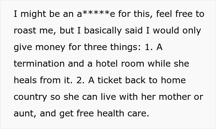A screenshot detailing conditions for financial help: termination, travel, and a ticket to go back to her home country.