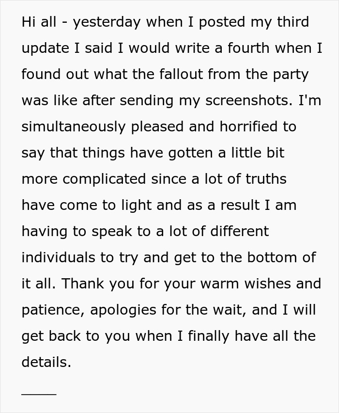 Man spends years playing his friends against each other, a third update with ex-girlfriend's receipts. Man spends years playing his friends against each other, a third update with ex-girlfriend's receipts.