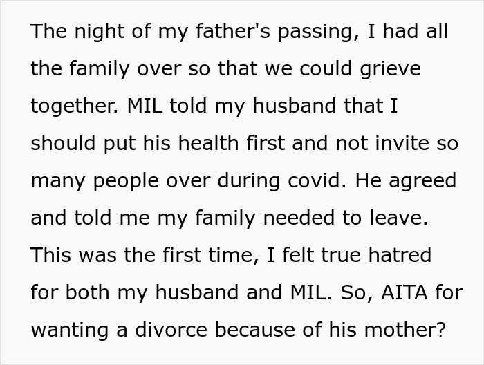 A woman considers divorce because her husband lets his mom control their marriage, particularly during a family tragedy. A woman considers divorce because her husband lets his mom control their marriage, particularly during a family tragedy.
