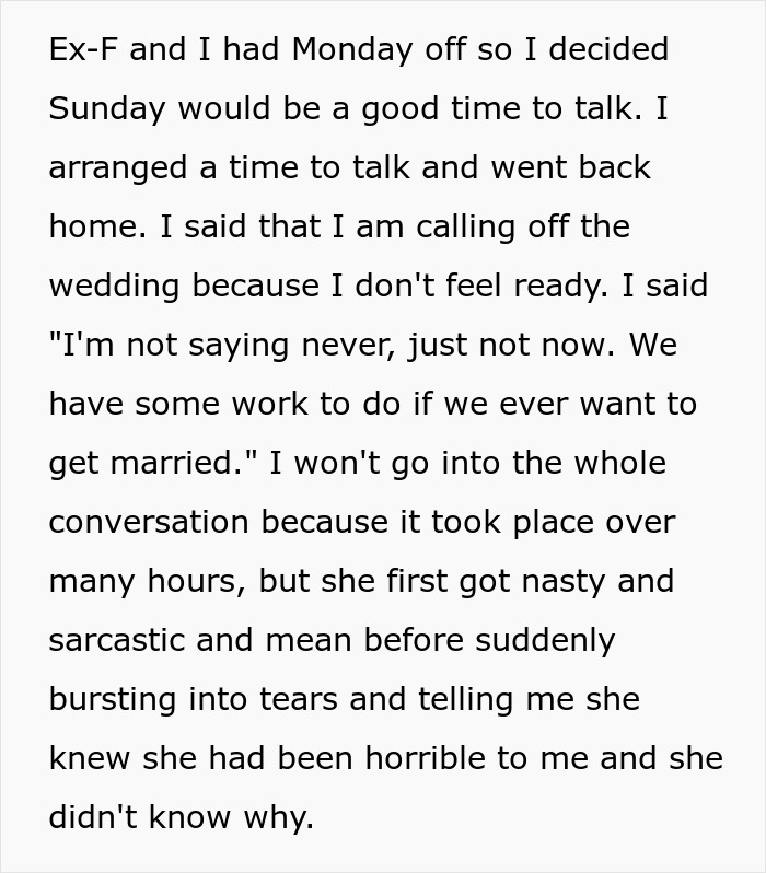 A screenshot of text about a bride talking to her fiancée about the wedding and their problems. A screenshot of text about a bride talking to her fiancée about the wedding and their problems.