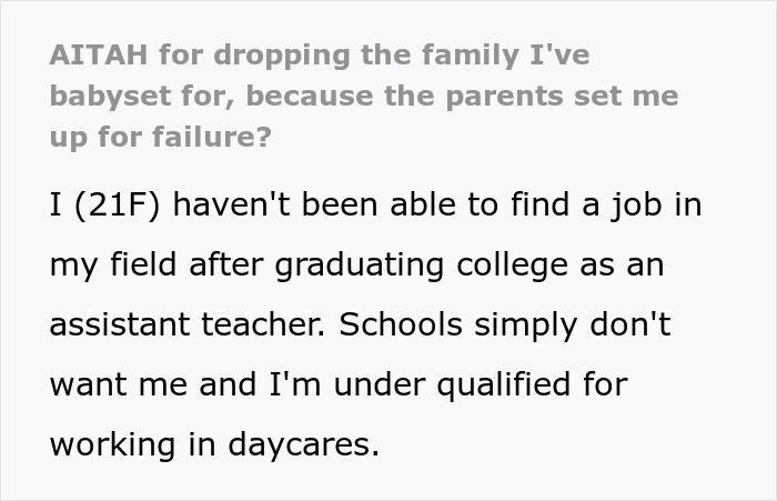 Screenshot of text about a babysitter dropping a family due to parents gaslighting them about a crying baby. Screenshot of text about a babysitter dropping a family due to parents gaslighting them about a crying baby.