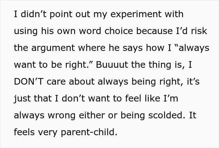 The wife describes her hubby's questions putting her on edge, explaining she doesn't want to feel wrong or scolded, like parent-child. The wife describes her hubby's questions putting her on edge, explaining she doesn't want to feel wrong or scolded, like parent-child.
