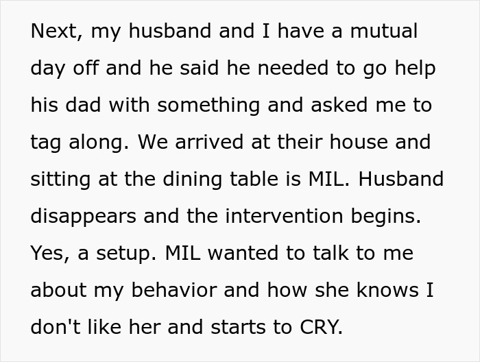 Text detailing how husband's mom controls their marriage by orchestrating an intervention to discuss wife's behavior. Text detailing how husband's mom controls their marriage by orchestrating an intervention to discuss wife's behavior.