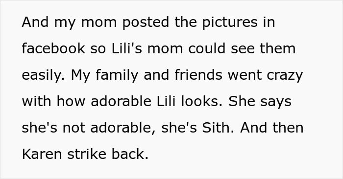 Mom posted photos on Facebook, Lili looks adorable, like a Sith. This text describes half-sister taunts.