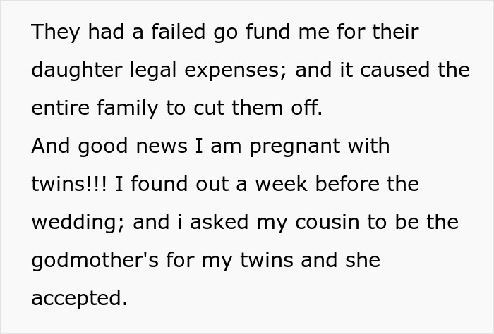 Text update detailing failed GoFundMe, family cutting ties, and good news about twins after wedding drama. Text update detailing failed GoFundMe, family cutting ties, and good news about twins after wedding drama.