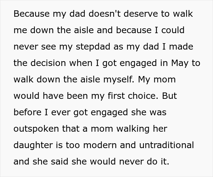 Screenshot of a bride explaining her decision to walk down the aisle alone because her mom thinks it's untraditional.