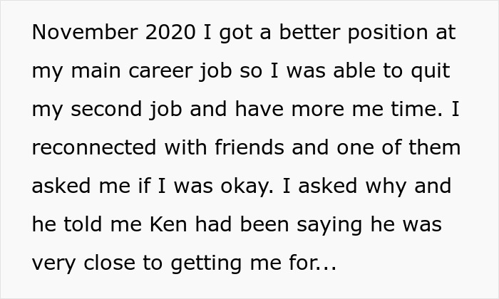 Text about a woman getting a better career position, quitting her second job, and reconnecting with friends, leading to a discussion about her half-sis taunting her over infertility and motherhood.