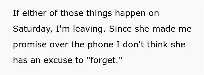 Text from a bride stating her intention to leave if future MIL issues arise, focusing on the wedding. Text from a bride stating her intention to leave if future MIL issues arise, focusing on the wedding.