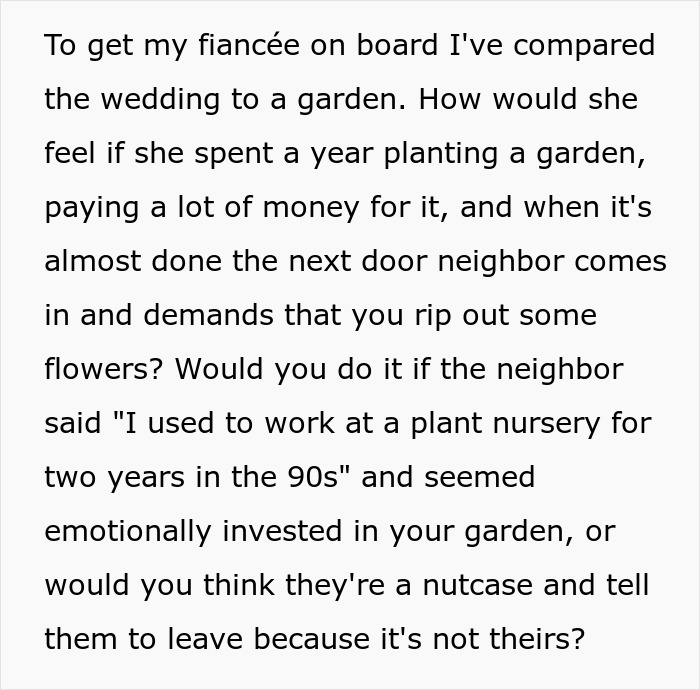 Text snippet of the bride's analogy of wedding planning to a garden to explain the situation to her fiancée. Text snippet of the bride's analogy of wedding planning to a garden to explain the situation to her fiancée.