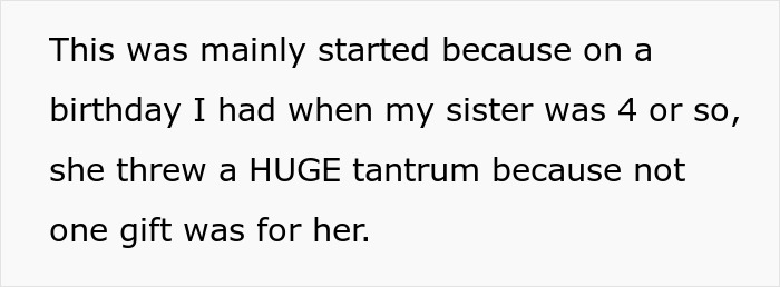 The start of a story detailing how a spoiled sister's tantrum over gifts sparked a nightmare. The start of a story detailing how a spoiled sister's tantrum over gifts sparked a nightmare.