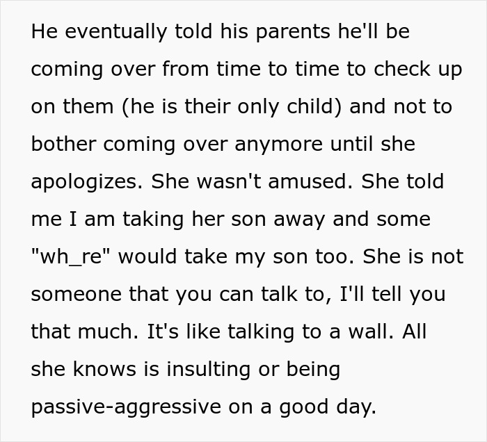 A screenshot of text detailing a difficult MIL driving a woman to leave her son. A screenshot of text detailing a difficult MIL driving a woman to leave her son.