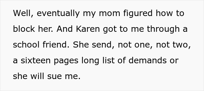 Text detailing how a half-sis taunts woman over infertility, then demands she become a great mom to her baby.