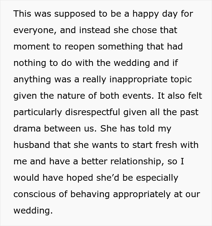 Text explaining the inappropriate timing of an apology for stealing a husband at a wedding. Text explaining the inappropriate timing of an apology for stealing a husband at a wedding.