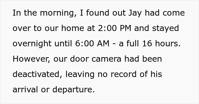 A screenshot of text about the wife's secret visitor and a deactivated door camera, part of the secret conversations. A screenshot of text about the wife's secret visitor and a deactivated door camera, part of the secret conversations.