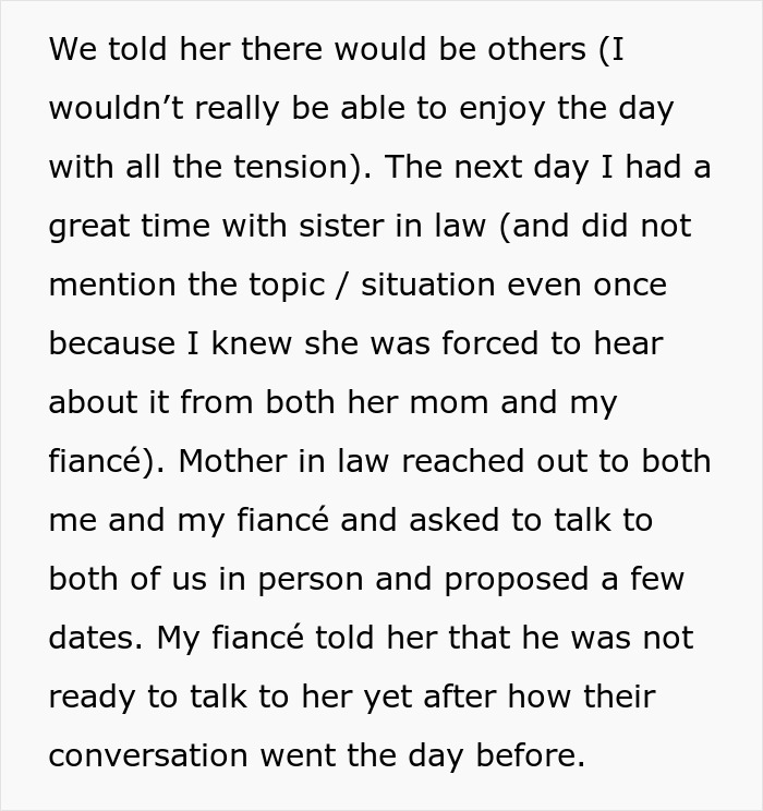 A screenshot showing text discussing a mother-in-law's attempt to reconcile and a fiance's reluctance after a wedding dispute. A screenshot showing text discussing a mother-in-law's attempt to reconcile and a fiance's reluctance after a wedding dispute.