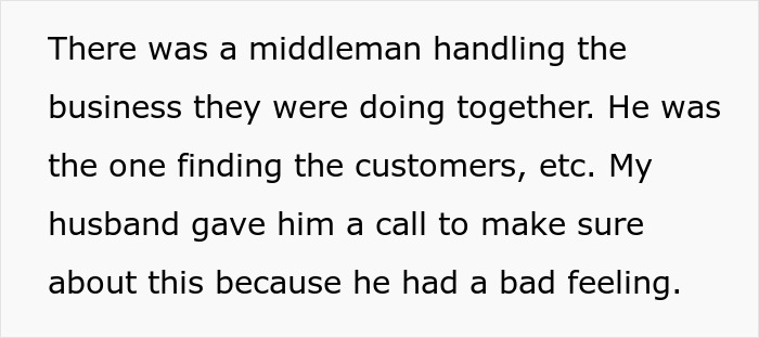 Text about a middleman in a business deal, and a husband's bad feeling about the cheaters before their vacation. Text about a middleman in a business deal, and a husband's bad feeling about the cheaters before their vacation.