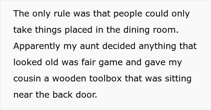 Screenshot of text detailing a rule for the family free table tradition and an aunt's violation.