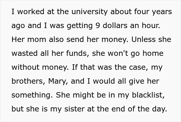 Text about a half-sister taunting a woman over infertility, then wanting her to be a great mom to her baby.