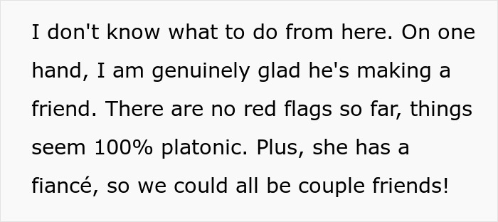 Screenshot of text expressing conflicted feelings about the boyfriend having female friends, specifically a coworker.