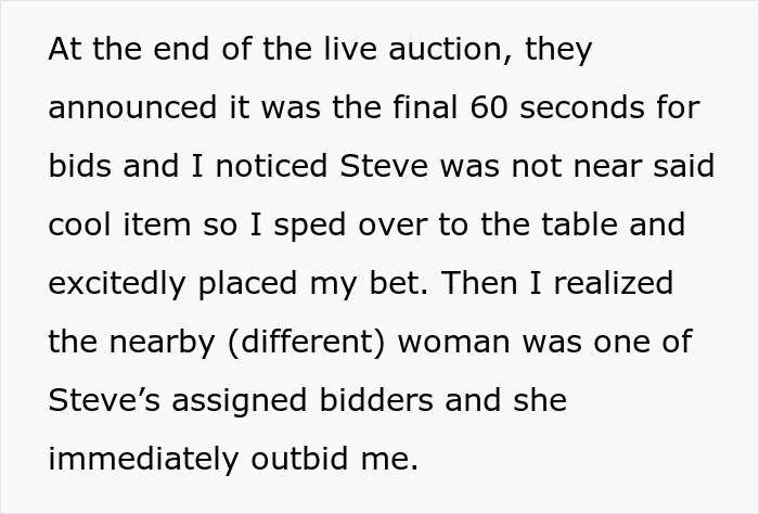 Text describing a guest's attempt to beat the man's charity auction strategy by placing a last-minute bid. Text describing a guest's attempt to beat the man's charity auction strategy by placing a last-minute bid.
