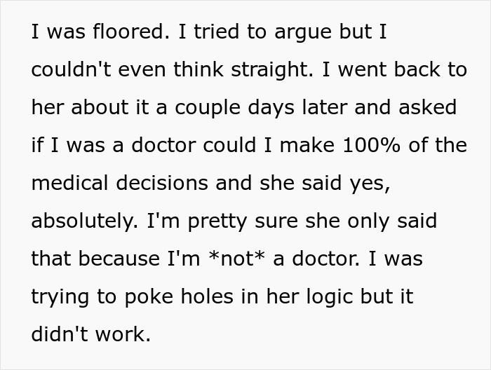 A screenshot of a text post where a mom tries to argue about kid's education control, but her wife's logic doesn't work.