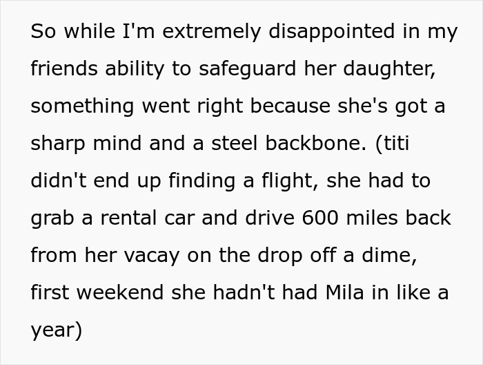 Text snippet about a friend's inability to safeguard her daughter, and titi's long drive home, showing a friend's suffering. Text snippet about a friend's inability to safeguard her daughter, and titi's long drive home, showing a friend's suffering.