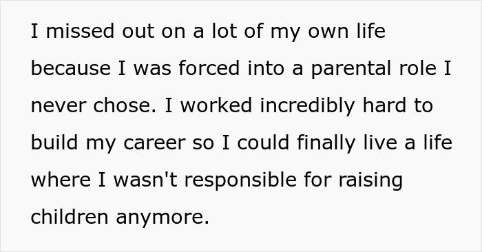 Screenshot of text discussing missing out on life due to a parental role and not wanting to be a primary caregiver. Screenshot of text discussing missing out on life due to a parental role and not wanting to be a primary caregiver.