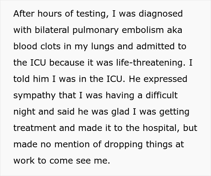 Text detailing a woman's diagnosis after a medical emergency, her fiancé's delayed ICU visit, and his lack of immediate support. Text detailing a woman's diagnosis after a medical emergency, her fiancé's delayed ICU visit, and his lack of immediate support.