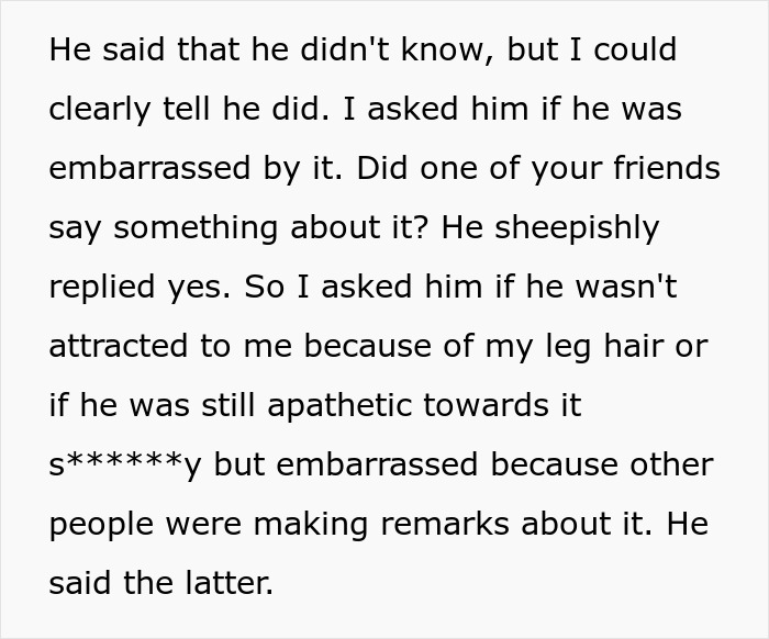 Woman Loses Rose-Tinted Glasses For BF After He Mocks Her Leg Hair Due To His Friends' Comments Woman Loses Rose-Tinted Glasses For BF After He Mocks Her Leg Hair Due To His Friends' Comments