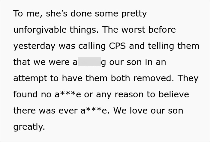Text detailing the unforgivable drama caused by a husband's kid, including a false CPS report. Text detailing the unforgivable drama caused by a husband's kid, including a false CPS report.