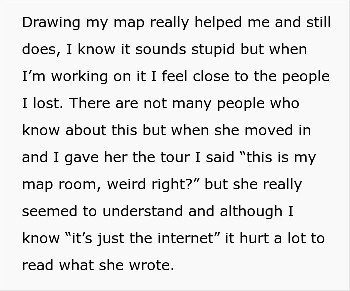 A screenshot of text about a woman moving into a guy's house and ignoring his boundaries.