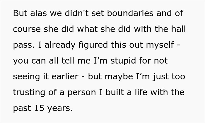 Text snippet about realizing wife opened marriage to be with colleague, reflecting on boundaries and trust.