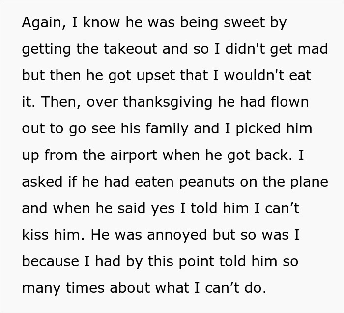 A woman is annoyed that her boyfriend keeps forgetting about her allergy after he ate peanuts on a plane. A woman is annoyed that her boyfriend keeps forgetting about her allergy after he ate peanuts on a plane.