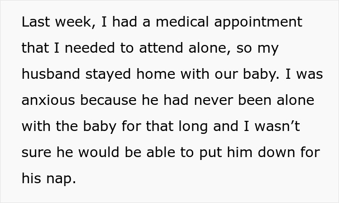 Wife attends medical appointment; husband stays home with baby, checking baby cam.