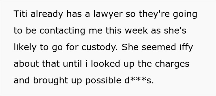Text snippet about titi contacting a lawyer for custody, driven by the charges, emphasizing the daughter's well-being. Text snippet about titi contacting a lawyer for custody, driven by the charges, emphasizing the daughter's well-being.