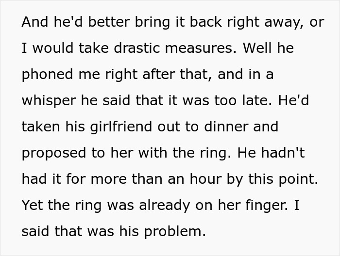 Son admits to proposing with the stolen family heirloom, claiming it's too late to return. Son admits to proposing with the stolen family heirloom, claiming it's too late to return.
