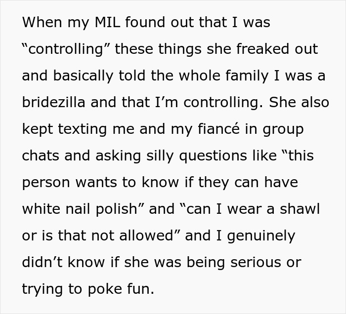 Wedding dispute tearing family apart as in-laws call bride a controlling bridezilla over small requests. Wedding dispute tearing family apart as in-laws call bride a controlling bridezilla over small requests.
