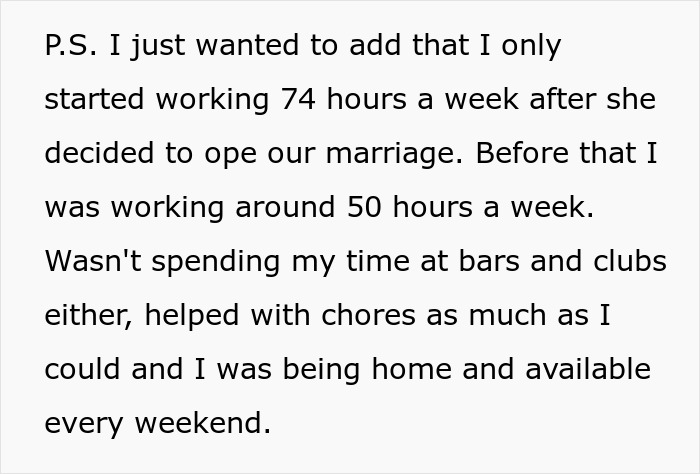 A screenshot showing text about a husband's work hours after an open marriage was decided for family's sake. A screenshot showing text about a husband's work hours after an open marriage was decided for family's sake.