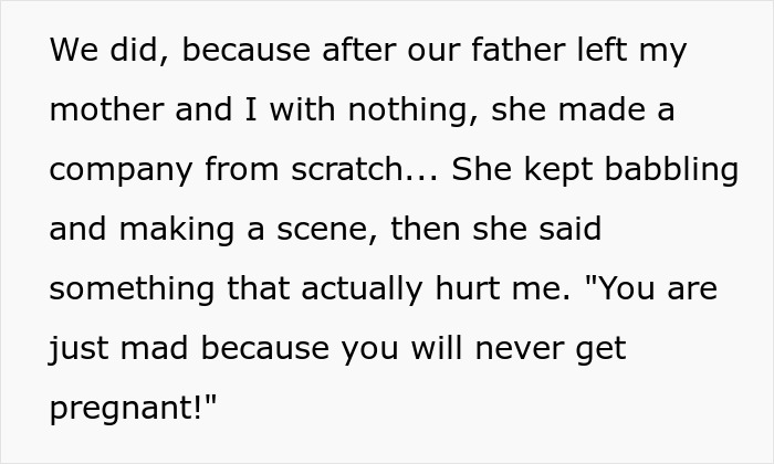 Text detailing how half-sis taunts woman over her infertility, later wanting her as a great mom to her baby.