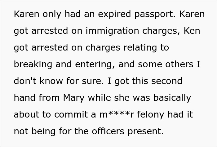 Text mentioning Karen's arrest for immigration and Ken's arrest for breaking and entering, related to the half-sis taunting.
